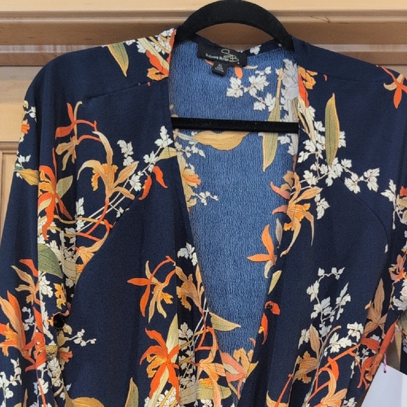 Suzanne Betro Tops - Suzanne Betro Floral Wrap Blouse in Navy and Orange